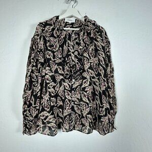 Ba&Sh Womens Black Leaf Print Long Sleeve Button-Up Genny Ruffle Blouse Size 2